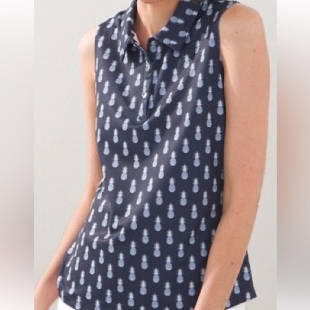 Chico’s Zenegy UPF Navy with white pineapple Print Sleeveless Polo activewear